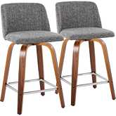 Toriano 24" Swivel Counter Stool in Walnut Wood & Grey Noise Fabric with Chrome Footrest (Set of 2)